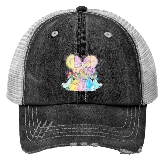 Watercolor Disney Princess Print Trucker Hats, Retro Disney Princess Print Trucker Hats