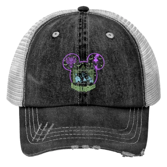 Beware Of Hitchhiking Ghosts Halloween Print Trucker Hats, Disney Haunted Mansion, Disney Halloween Print Trucker Hats