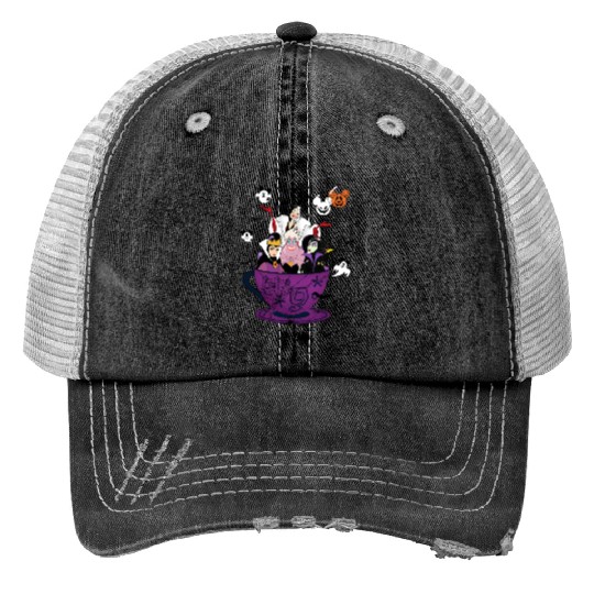 Disney Villain Print Trucker Hats, Disney Halloween Teacup Print Trucker Hats