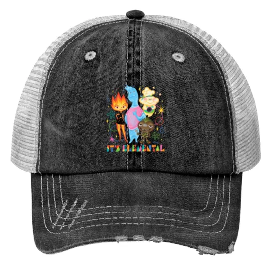 Disney Pixar It's Elemental Print Trucker Hats, Elemental Ember And Wade Print Trucker Hats