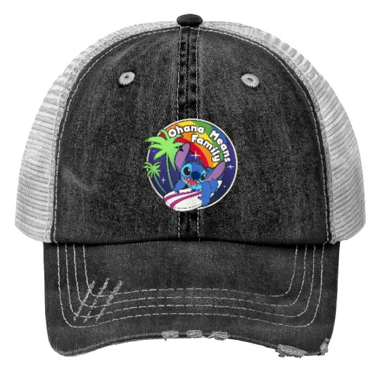 Disneyss Lilo Stitch Rainbow Surf Stitch Ohana Means Family Print Trucker Hats