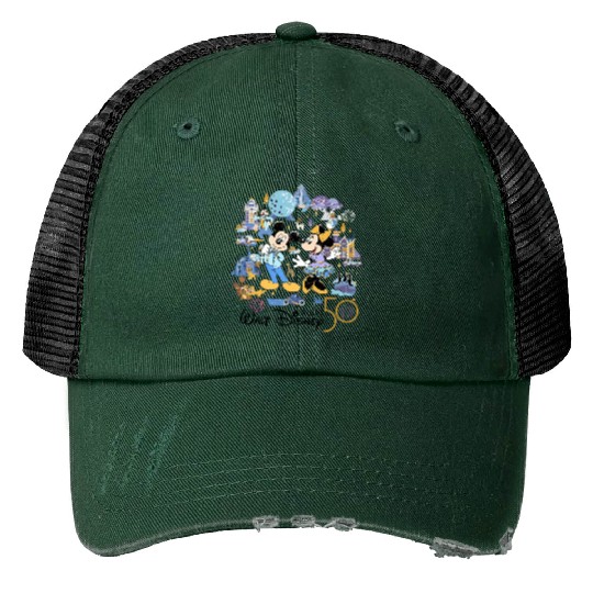 Disney 50th Anniversary Print Trucker Hats, Vintage Disney World Print Trucker Hats