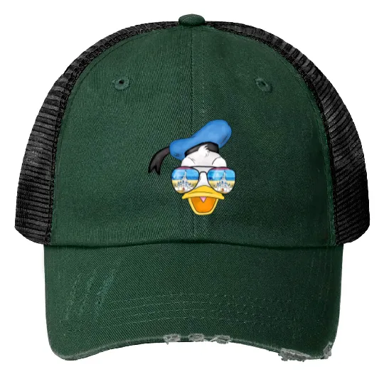 Donald Duck Castle Sunglasses Print Trucker Hats, Disney Donald Duck Print Trucker Hats