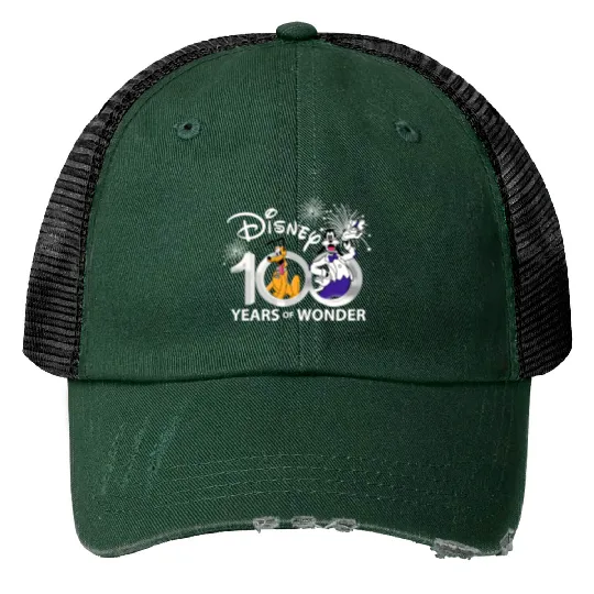 Goofy and Pluto Disney 100th Anniversary Print Trucker Hats, Disney 100th Years Celebration Print Trucker Hats
