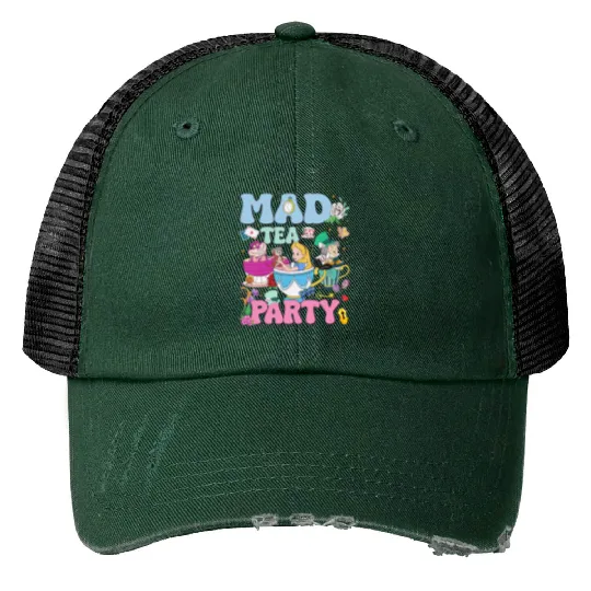 Vintage Mad Tea Party Disneyland Alice in Wonderland Print Trucker Hats, Floral Alice Mad Hatter