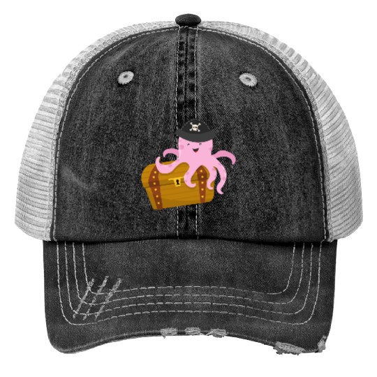 Treasure with pirate octopus Print Trucker Hats