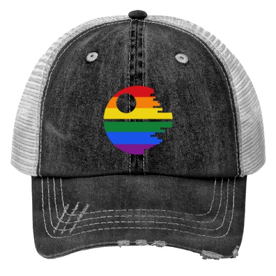 Rainbow Death Star Print Trucker Hats
