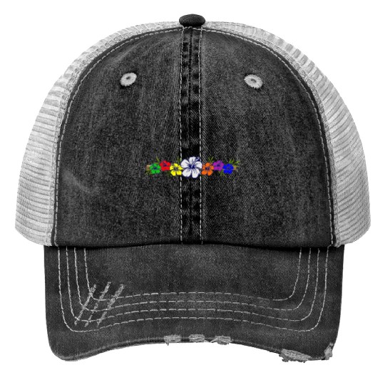 Colorful Hibiscus Flowers and Bamboo Shoot Print Trucker Hats
