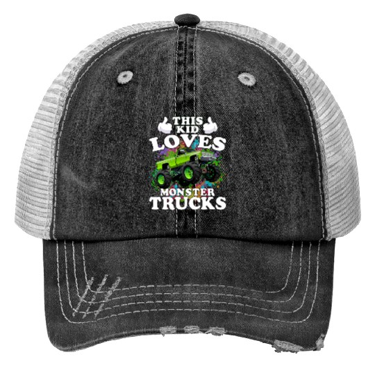 This Kid Loves Monster Trucks Print Trucker Hats