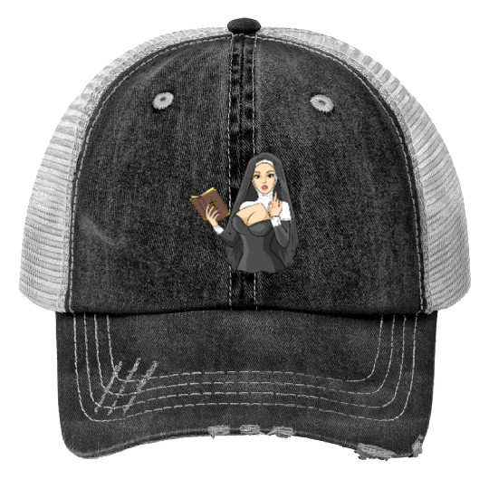 Sexy nun techno middle finger stinky finger sin Print Trucker Hats