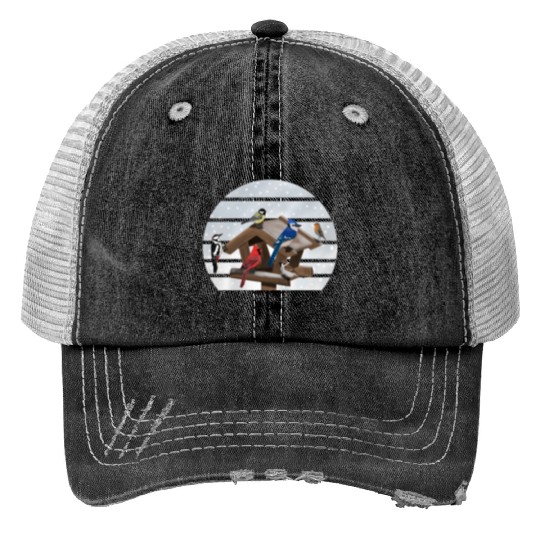 Birds Bird House Cardinal Blue Jay Robin Sparrow Print Trucker Hats