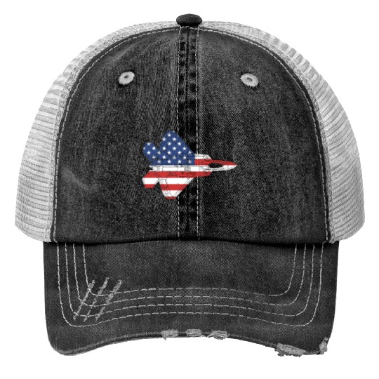 F-22 Raptor Fighter Jet Airplane American Flag F22 Print Trucker Hats