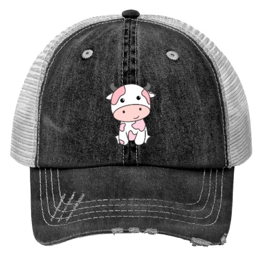 Strawberry Cow Cute Pink Strawberry Cow Kawaii Print Trucker Hats