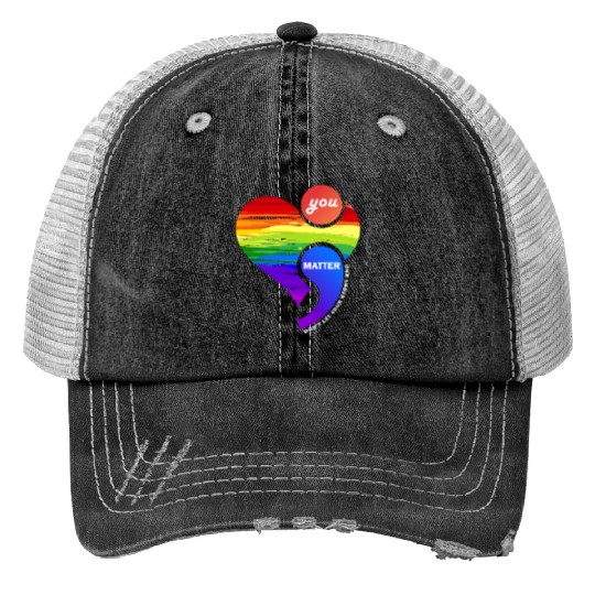 Rainbow Heart Semicolon You Matter Print Trucker Hats