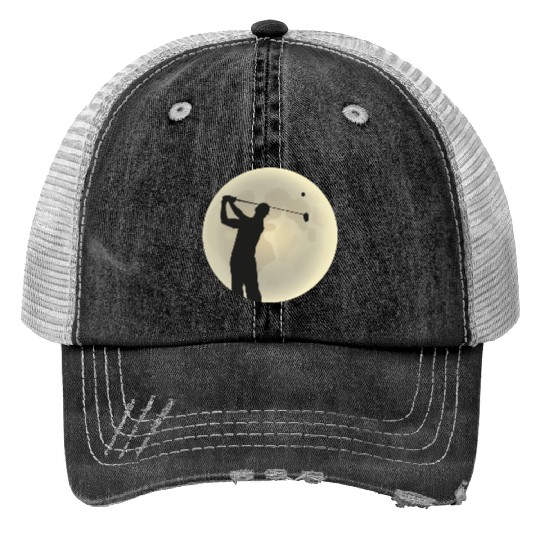 Golfer Silhouette Golf Golfer Moon Full Moon Print Trucker Hats