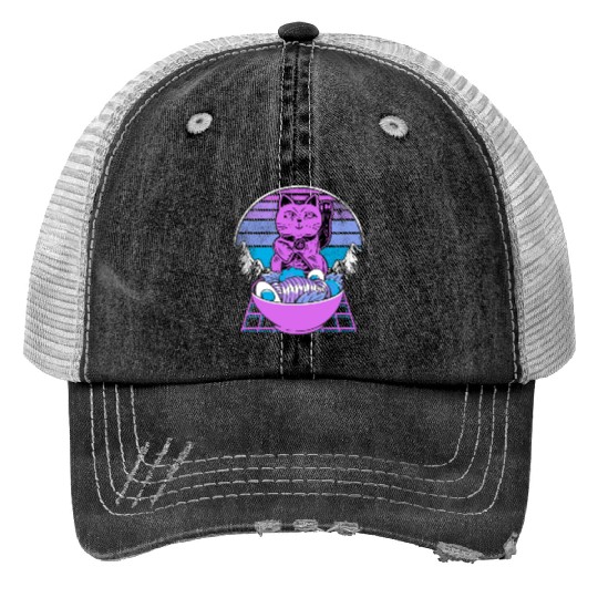 Ramen Maneki Neko Cat Kawaii Retrowave Sunset 80s Print Trucker Hats