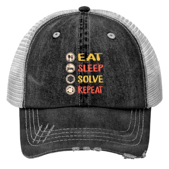 Rubiks Cube Print Trucker Hats, Vintage Eat Sleep Solve Repeat