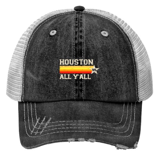 Houston vs All Y'all Vintage Stripe Texas Baseball Print Trucker Hats