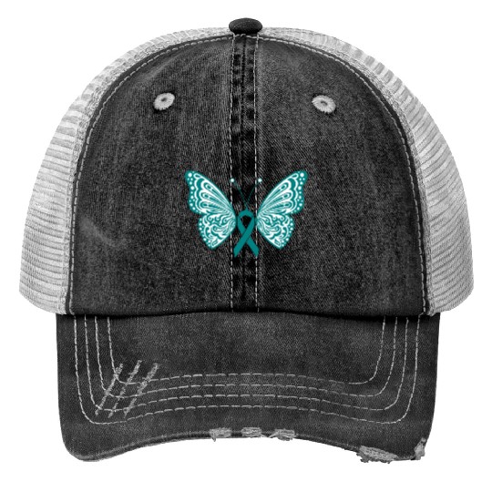 Ovarian Cancer Awareness Teal Ribbon Butterfly Print Trucker Hats