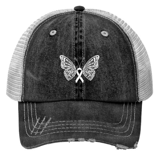 Lung Cancer Awareness White Ribbon Butterfly Print Trucker Hats
