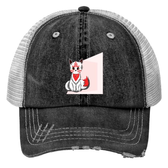 Red Kitsune Fox Print Trucker Hats