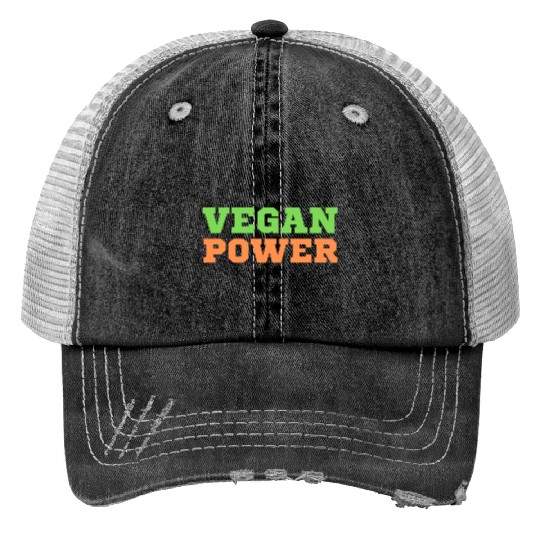 VEGAN POWER (Green & Orange letters) Print Trucker Hats