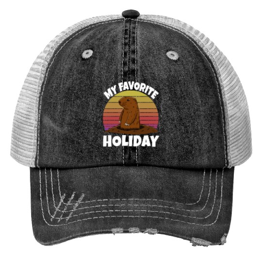 My Favourite Holiday Groundhog Print Trucker Hats
