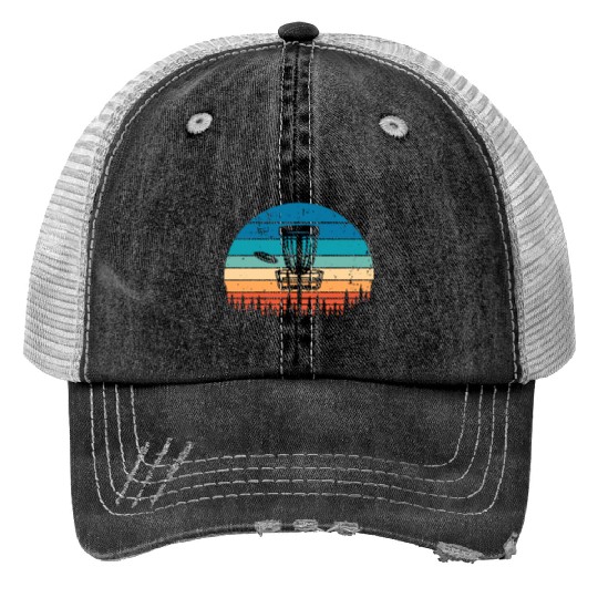 Vintage Disc Golf Retro Distressed Sunset Print Trucker Hats