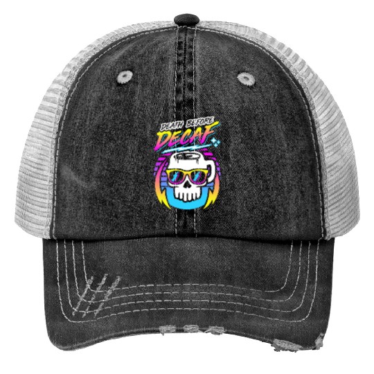 Death Before Decaf (Skull Mug) Retro Neon 80s 90s Print Trucker Hats