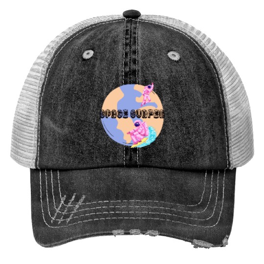 Space Surfer Two Astronauts and Planet Earth Print Trucker Hats