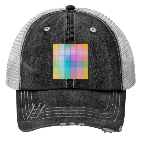 Rainbow Shimmer Multi Squares Pattern Print Trucker Hats