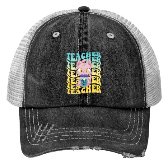 Boba Tea Teacher Kawaii Cat Groovy Back To School Print Trucker Hats