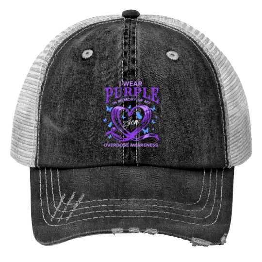I Wear Purple In Memory Of My Son Overdose Awarene Print Trucker Hats