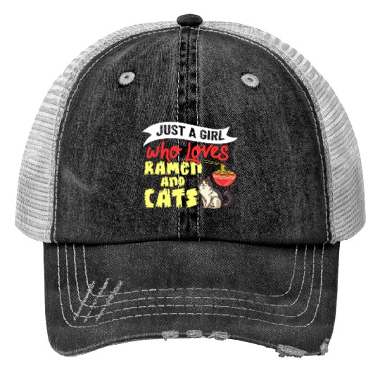 Ramen Cat Bowl Chicken Noodle Soup Japanese Print Trucker Hats