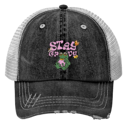 Stay Grvy - Pink Dark Green Typecentric Print Trucker Hats