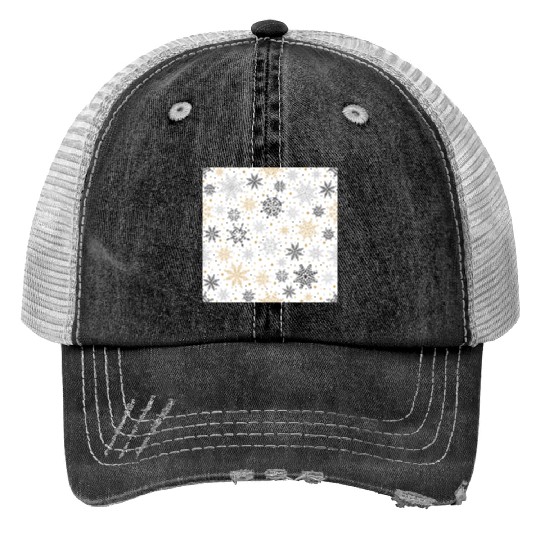 Modern Snowflakes Pattern White Gold Print Trucker Hats