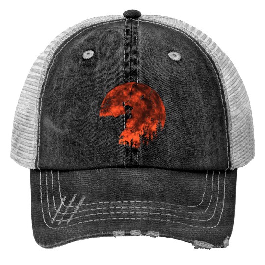 Cat Red Moon trick or treat Bats Forest Halloween Print Trucker Hats