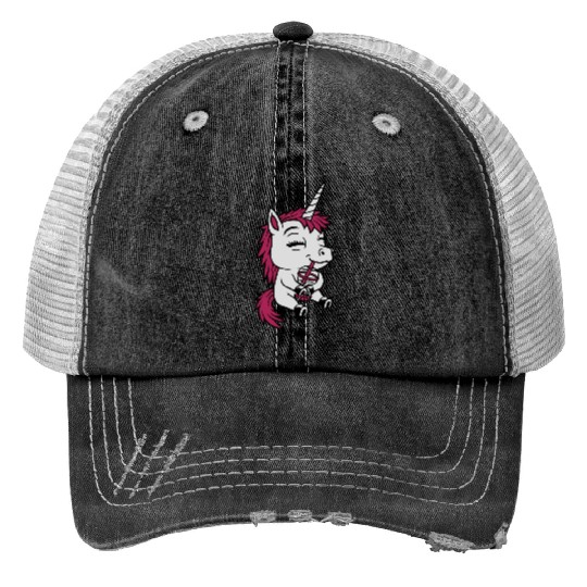 Boba tea drinking unicorn Print Trucker Hats