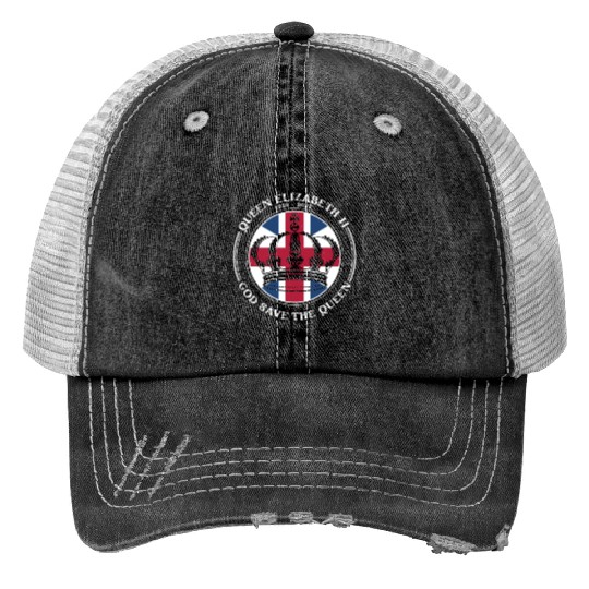 UK British Queen Elizabeth II God Save The Queen Print Trucker Hats