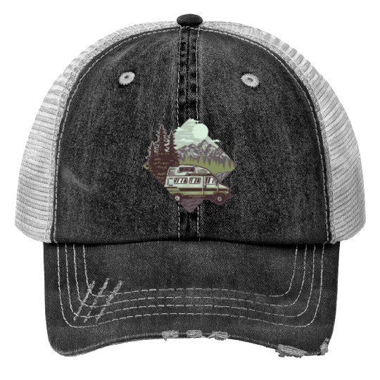 Camping Mountains Wilderness Print Trucker Hats
