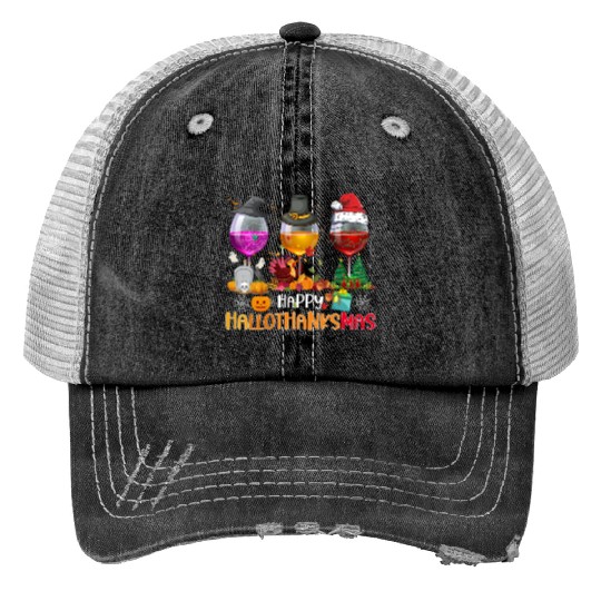 Wine Glasses Witch Santa hat Happy Hallothanksmas Print Trucker Hats