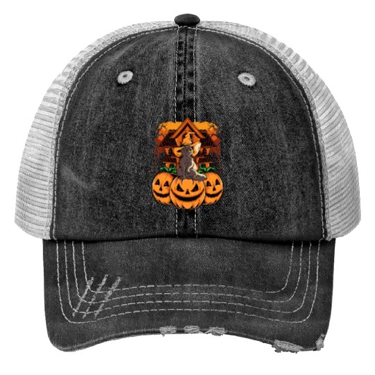 Witch Hat Cat On Creepy Monster Pumkin Faces A Print Trucker Hats