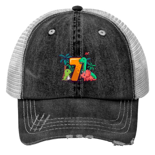 7th Birthday Trex Triceratops Dinosaur 7 Year Print Trucker Hats