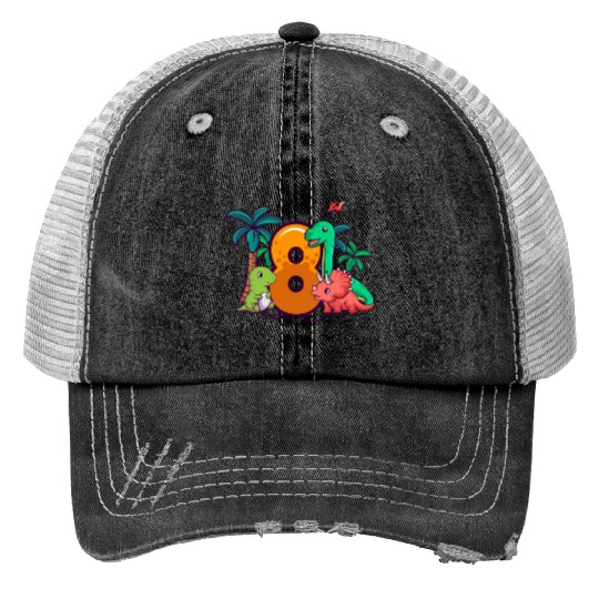 8th Birthday Trex Triceratops Dinosaur 8 Year Print Trucker Hats