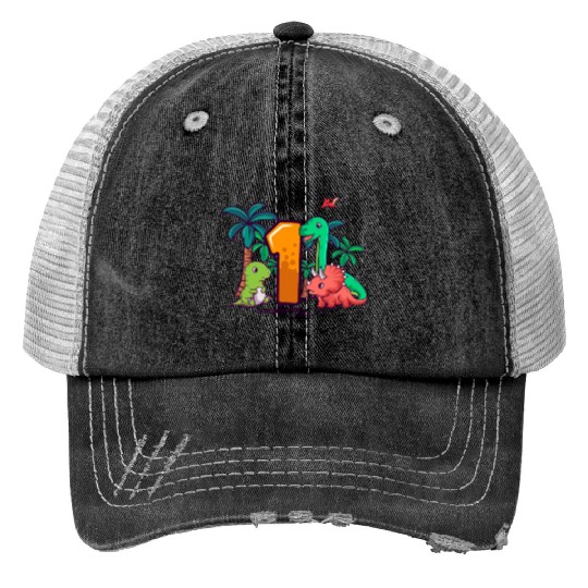 1st Birthday T-Rex Triceratops Dinosaur 1 Year Print Trucker Hats
