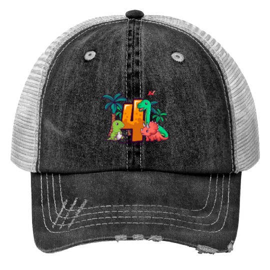 4th Birthday Trex Triceratops Dinosaur 4 Year Print Trucker Hats