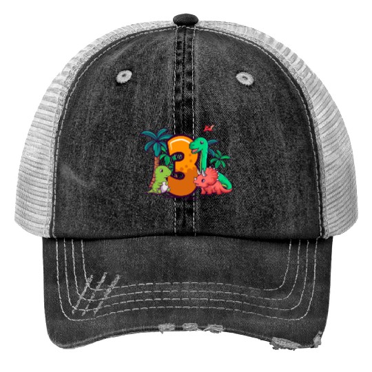 3rd Birthday T-rex Triceratops Dinosaur 3 Year Print Trucker Hats