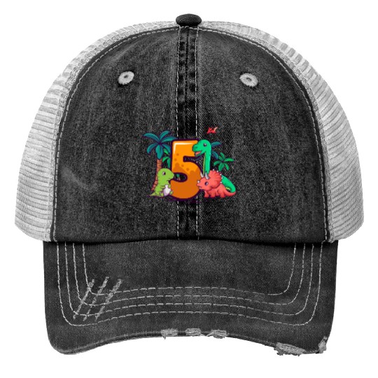 5th Birthday Trex Triceratops Dinosaur 5 Year Print Trucker Hats