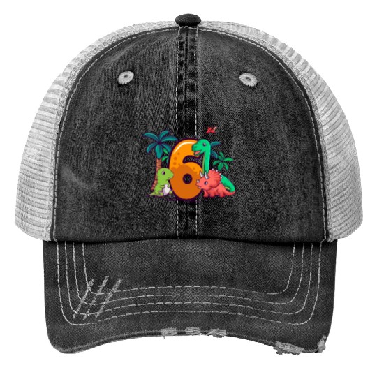 6th Birthday Trex Triceratops Dinosaur 6 Year Print Trucker Hats