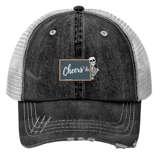 Cheers Crayon Blackboard Skeleton Teacher Print Trucker Hats